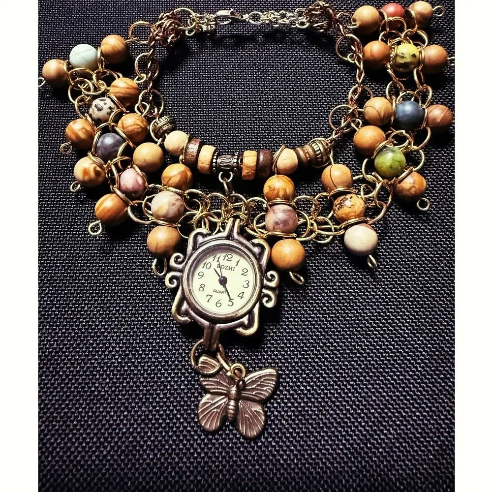 Handmade Boho Butterfly Watch Bracelet NEW Battery Wood & Stone Bead Cuff